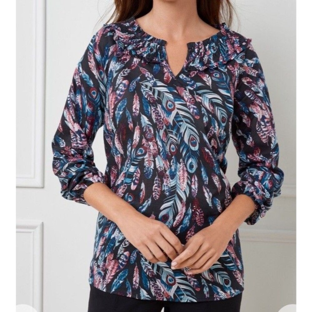 Talbots XL Top Long Slv SMOCKED COTTON POPOVER - FALLING FEATHERS BOHO Fall